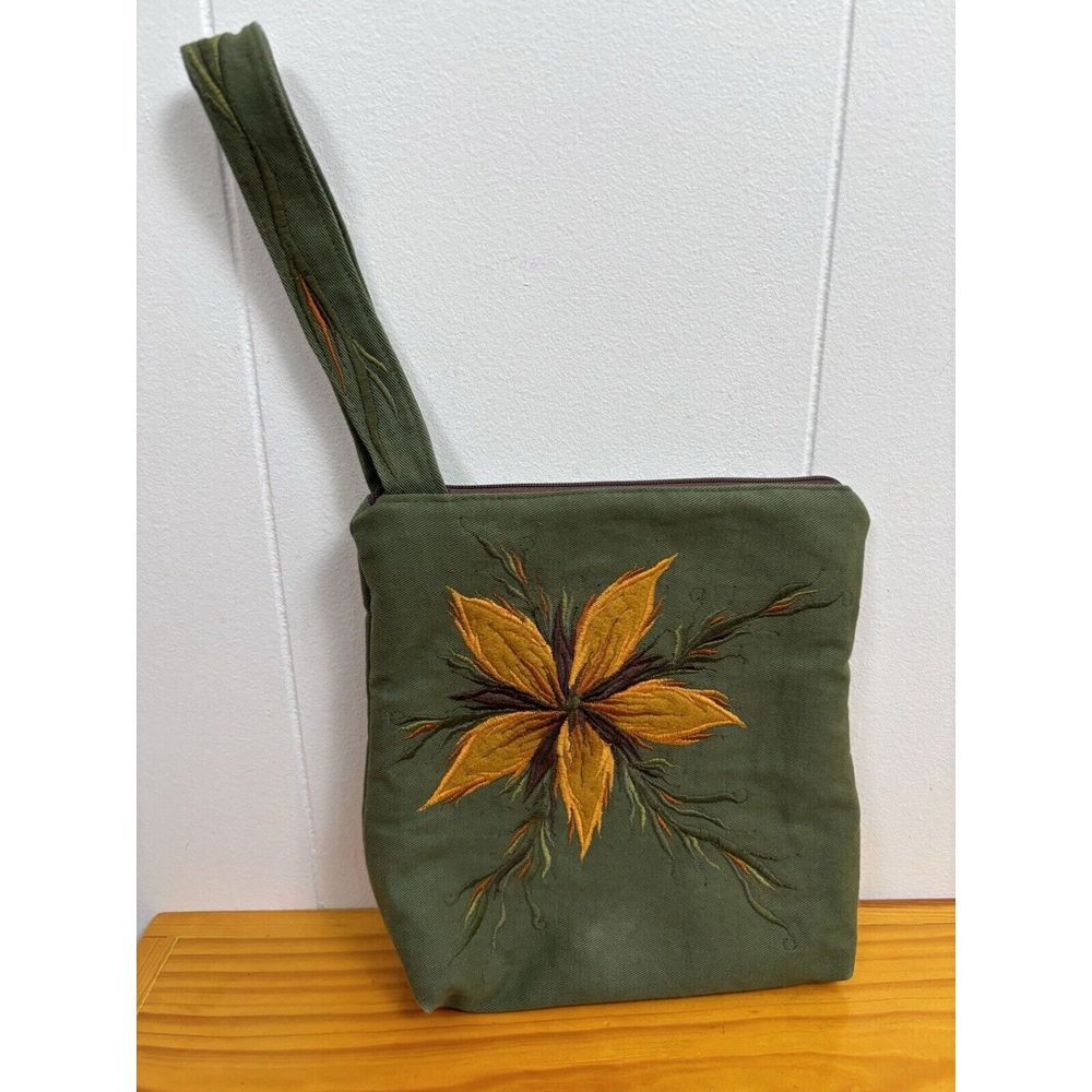 Handmade Handbag Khaki Canvas with Felted Wool Embroidered Flower Satin Interior